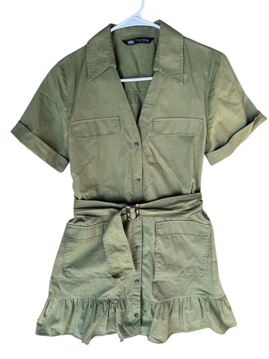 Zara Dresses & Skirts - Zara 100% Cotton Olive Green Short-Sleeve Utility Dress with Belt
